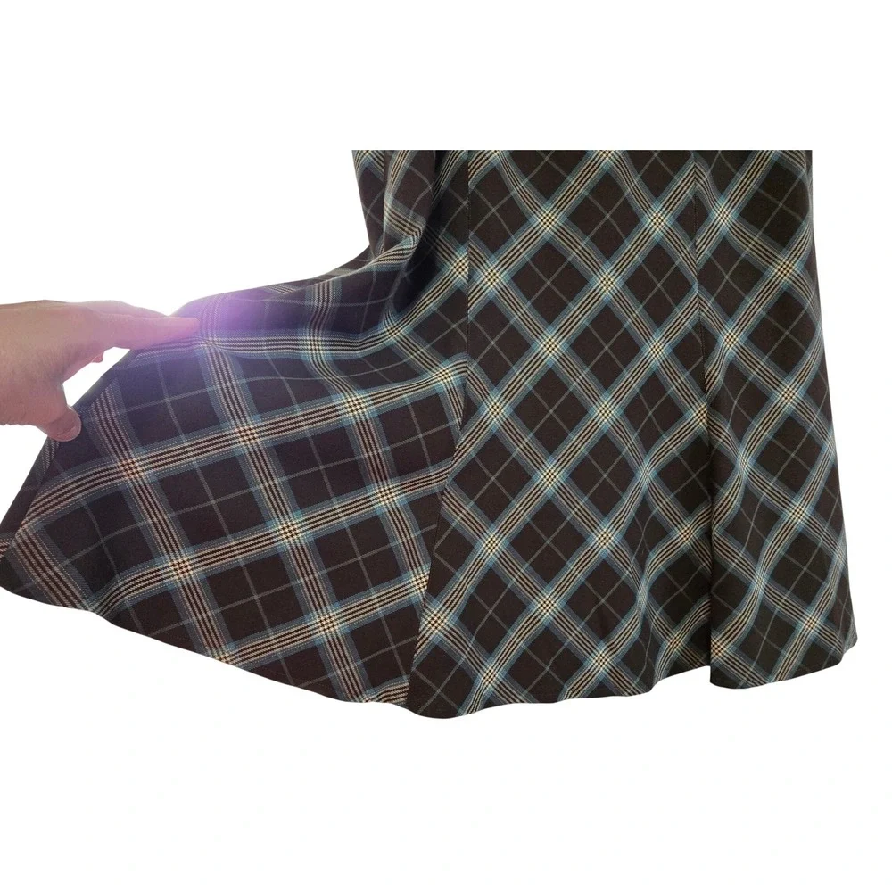 Dress Barn Retro Brown Blue Plaid A-Line Midi Skirt Paneled Bias Cut Lined Sz 16